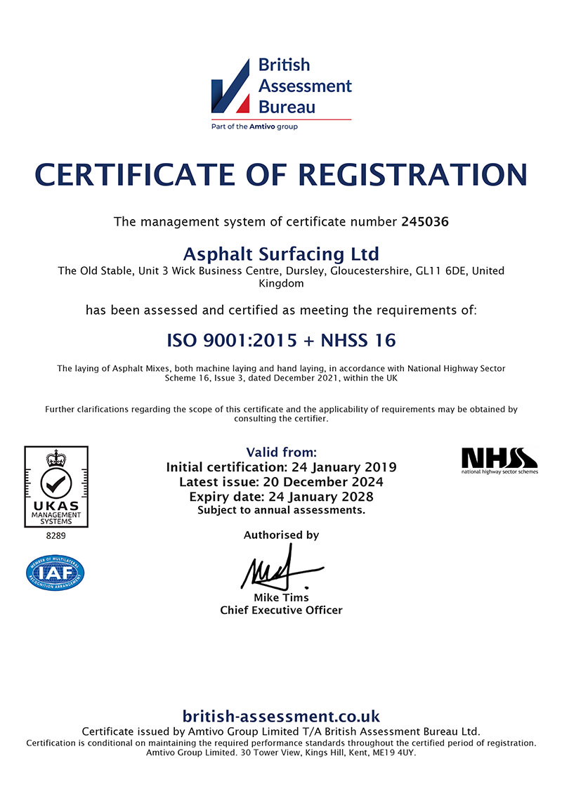 Asphalt Surfacing ISO9001 Certification
